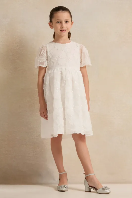 Girls White 3D Floral Embroidered Dress sold by Redtag