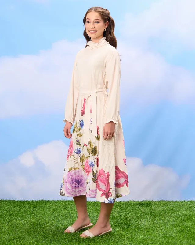 Senior Girls Beige Floral Pleated Dress sold by Redtag