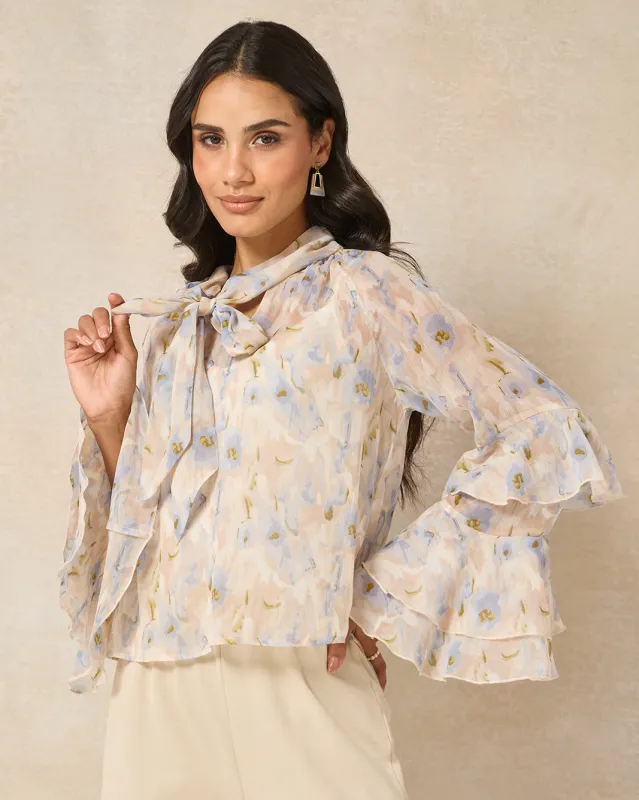Women Blue Ruffle Neck Tie Boho Blouse sold by Redtag