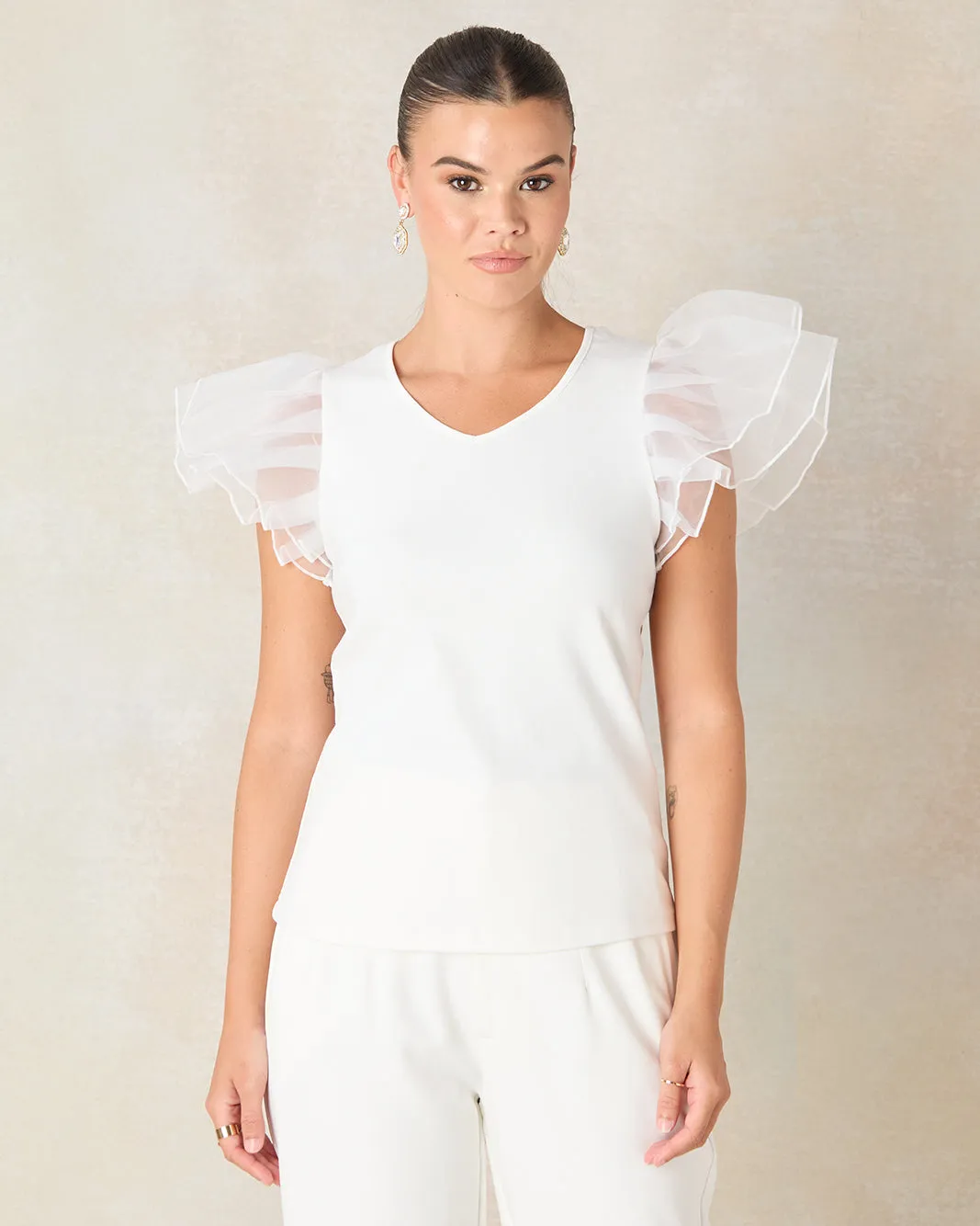 Women White Top With Organza Ruffle Sleeves sold by Redtag