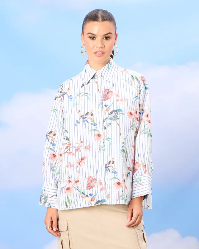Women White Print Detailed Striped Shirt sold by Redtag