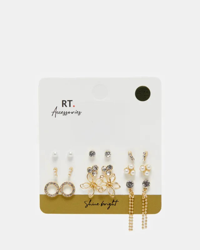 Women Gold Embellished Earring Set (9 Pairs) sold by Redtag