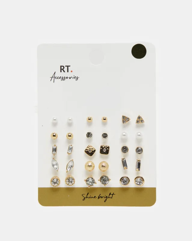 Women Gold Embellished Earring Set (15 Pairs) sold by Redtag