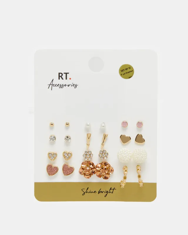 Women Gold Embellished Earring Set (12 Pairs) sold by Redtag