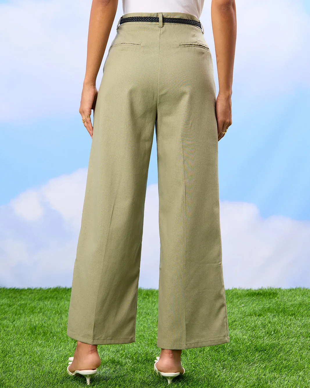 Women Green Wide Leg Linen Bend Belted Trousers sold by Redtag product image thumbnail 3