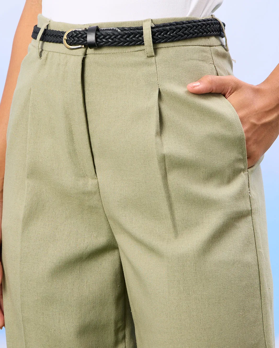 Women Green Wide Leg Linen Bend Belted Trousers sold by Redtag product image thumbnail 4