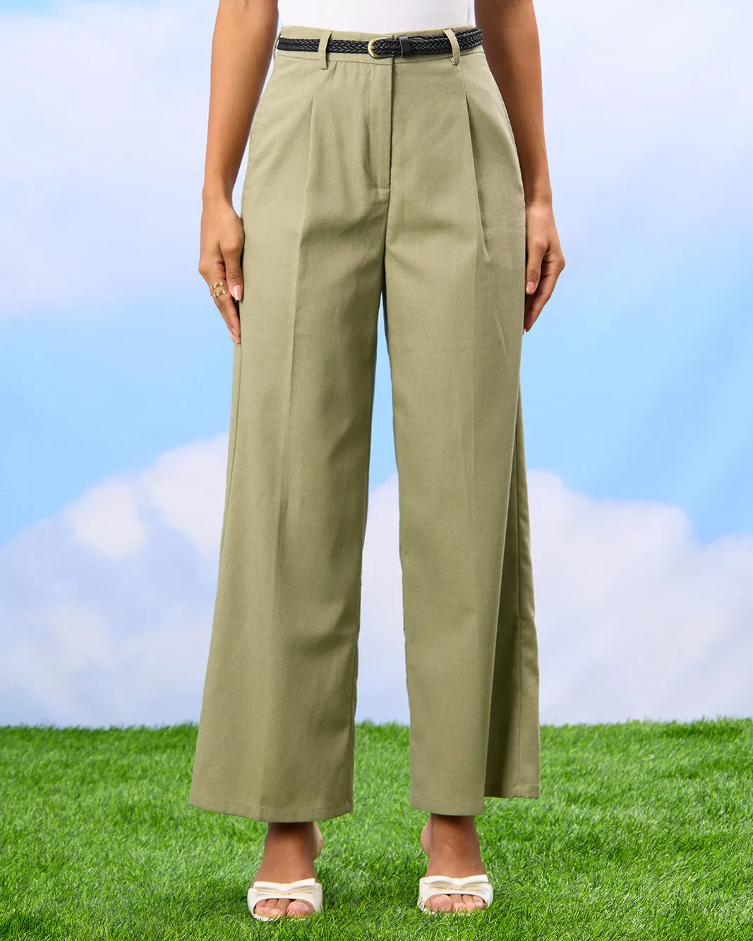 Women Green Wide Leg Linen Bend Belted Trousers sold by Redtag
