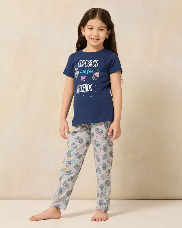 Girls Navy And Grey Printed Pyjama Set (2 Piece) sold by Redtag
