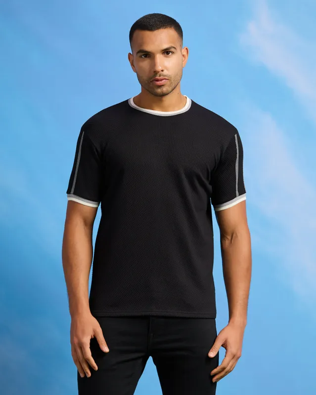 Men Black Jacquard T-Shirt sold by Redtag