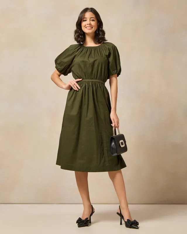 Women Olive Puff Sleeve Flare Dress sold by Redtag
