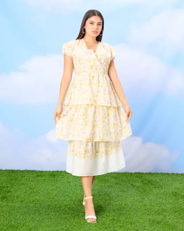 Women Yellow Floral Multi Tiered Wrap Dress sold by Redtag
