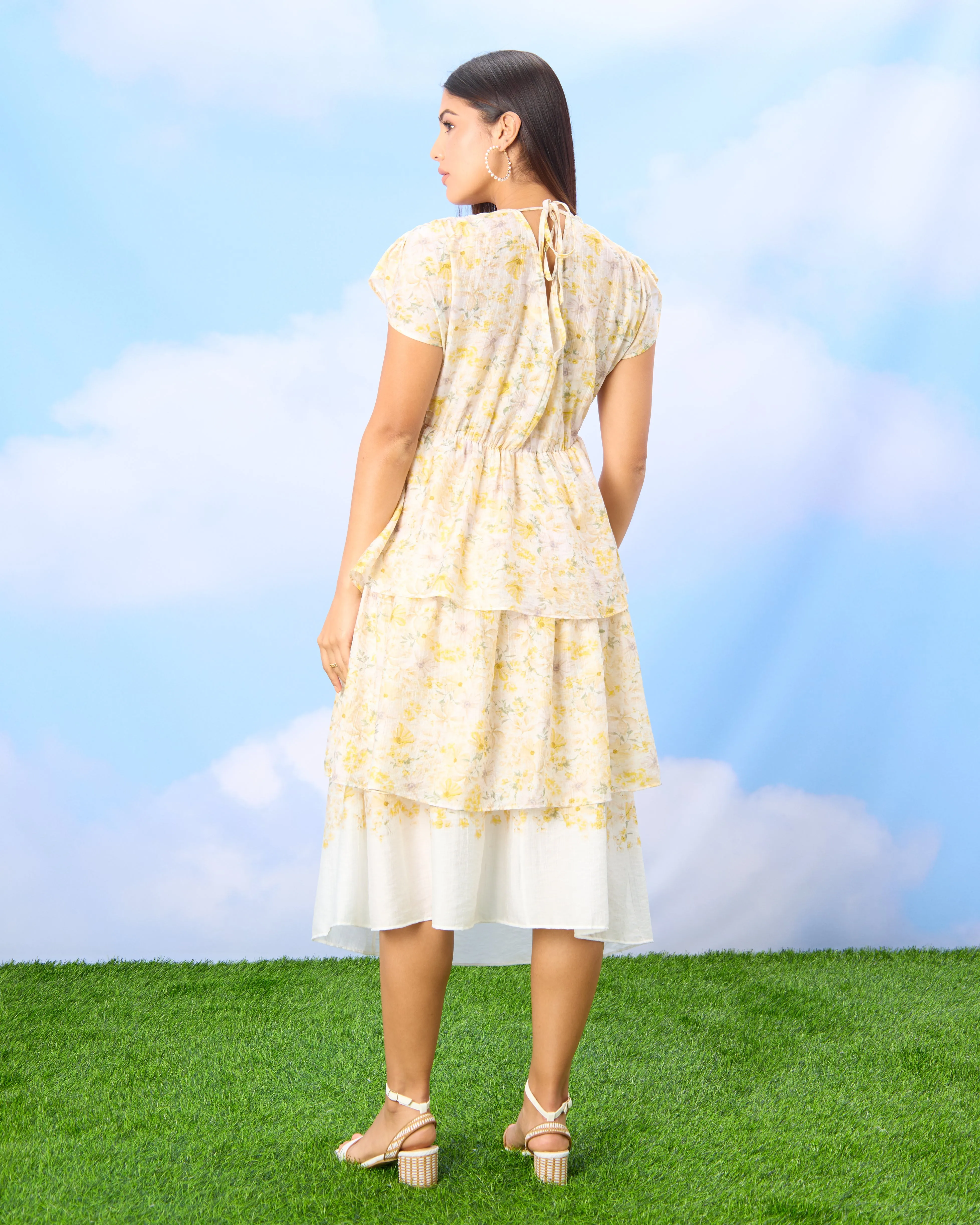 Women Yellow Floral Multi Tiered Wrap Dress sold by Redtag product image thumbnail 3