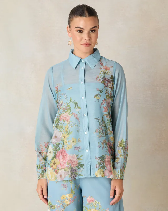 Women Blue Printed Collared Button Down Shirt sold by Redtag