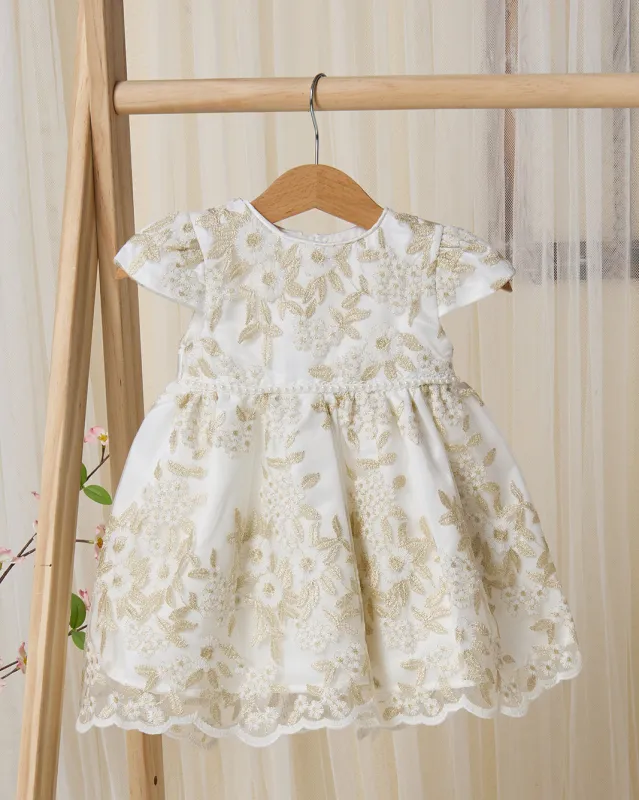 Infant Girls White And Golden Embroidered Mesh Dress sold by Redtag