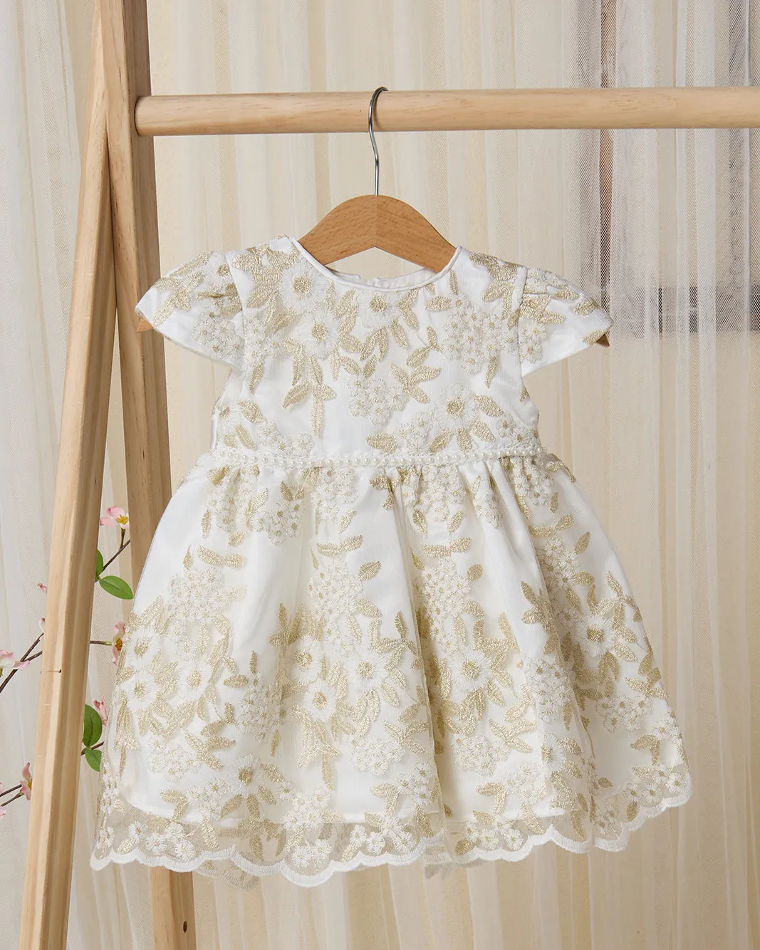 Infant Girls White And Golden Embroidered Mesh Dress sold by Redtag