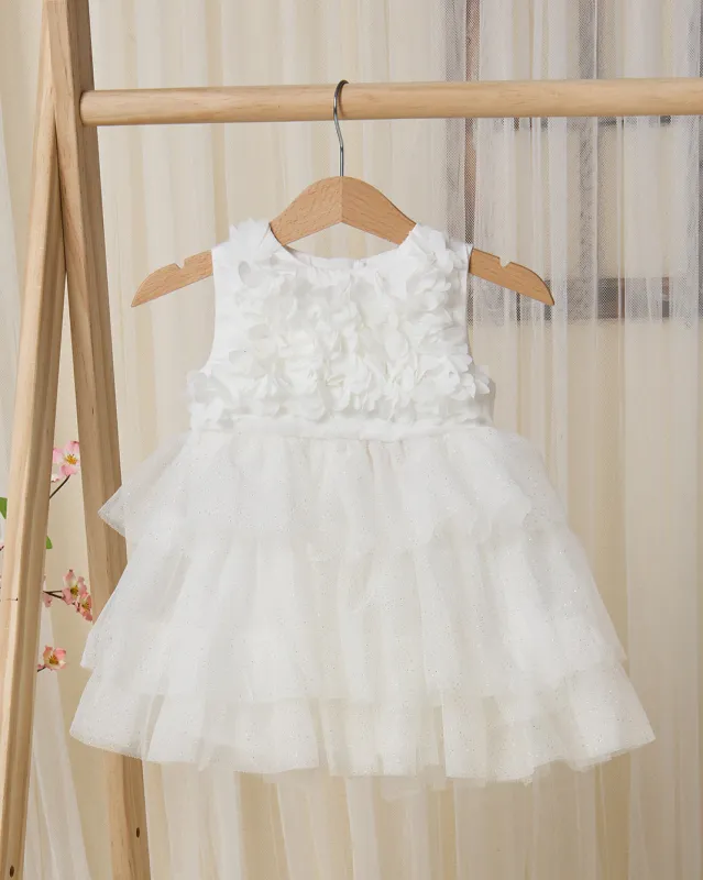 Infant Girls White Floral Tiered Mesh Dress sold by Redtag