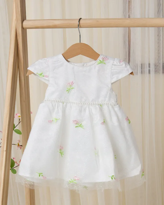 Infant Girls White Lurex Embroidered Mesh Dress sold by Redtag