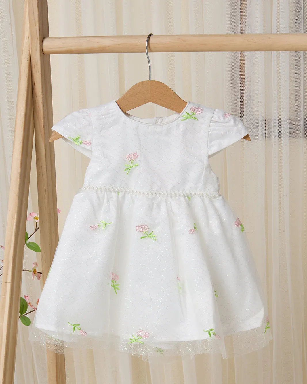 Infant Girls White Lurex Embroidered Mesh Dress sold by Redtag