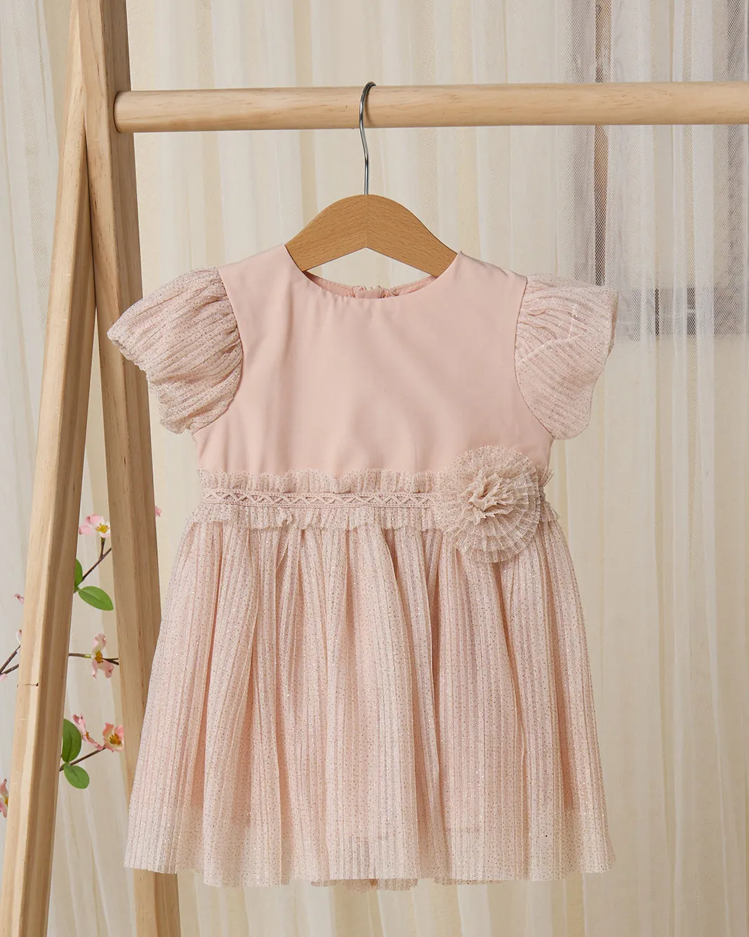 Infant Girls Pink Pleated Shimmer Mesh Dress sold by Redtag