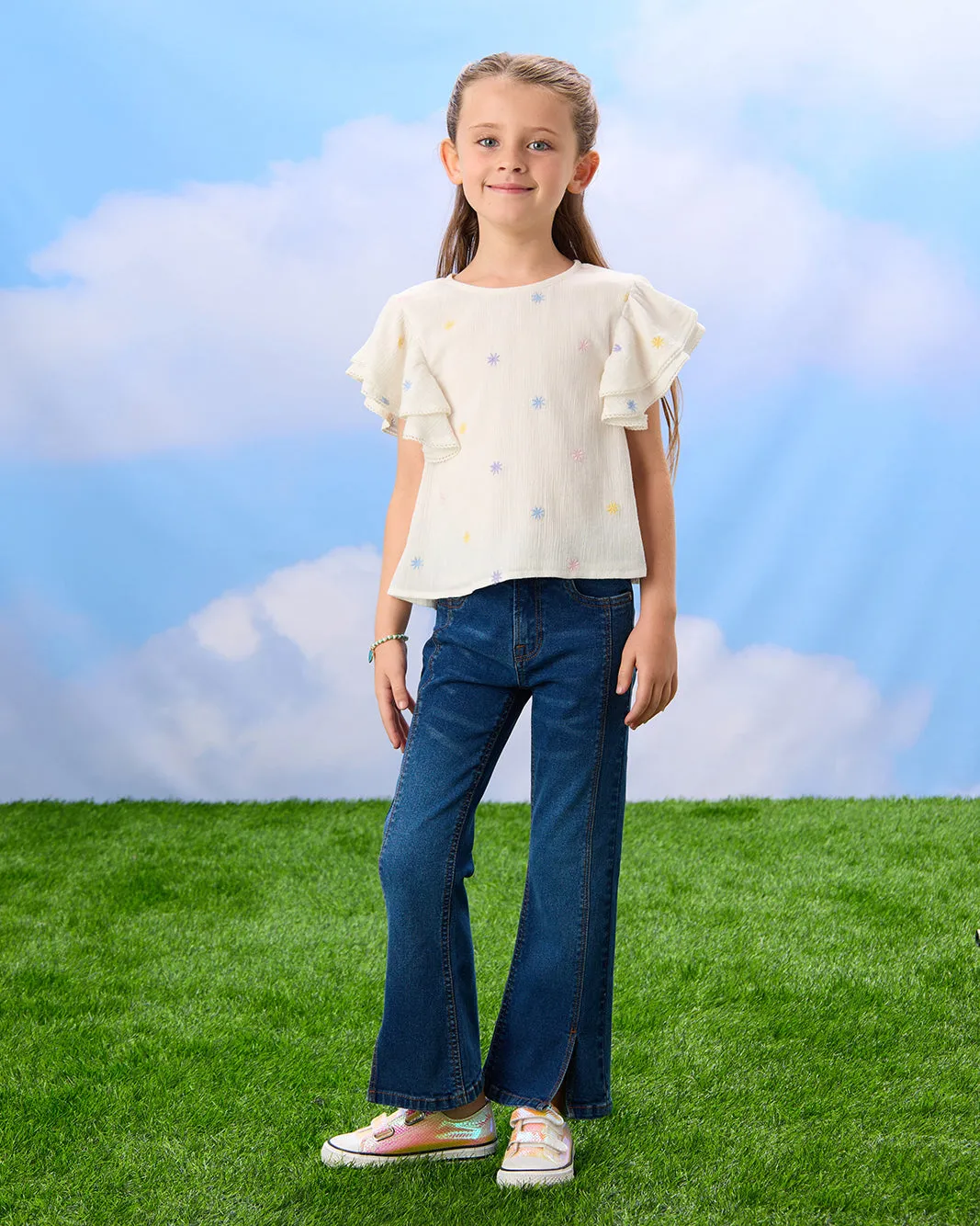 Girls Blue 5 Pocket Flared Jeans sold by Redtag product image thumbnail 2