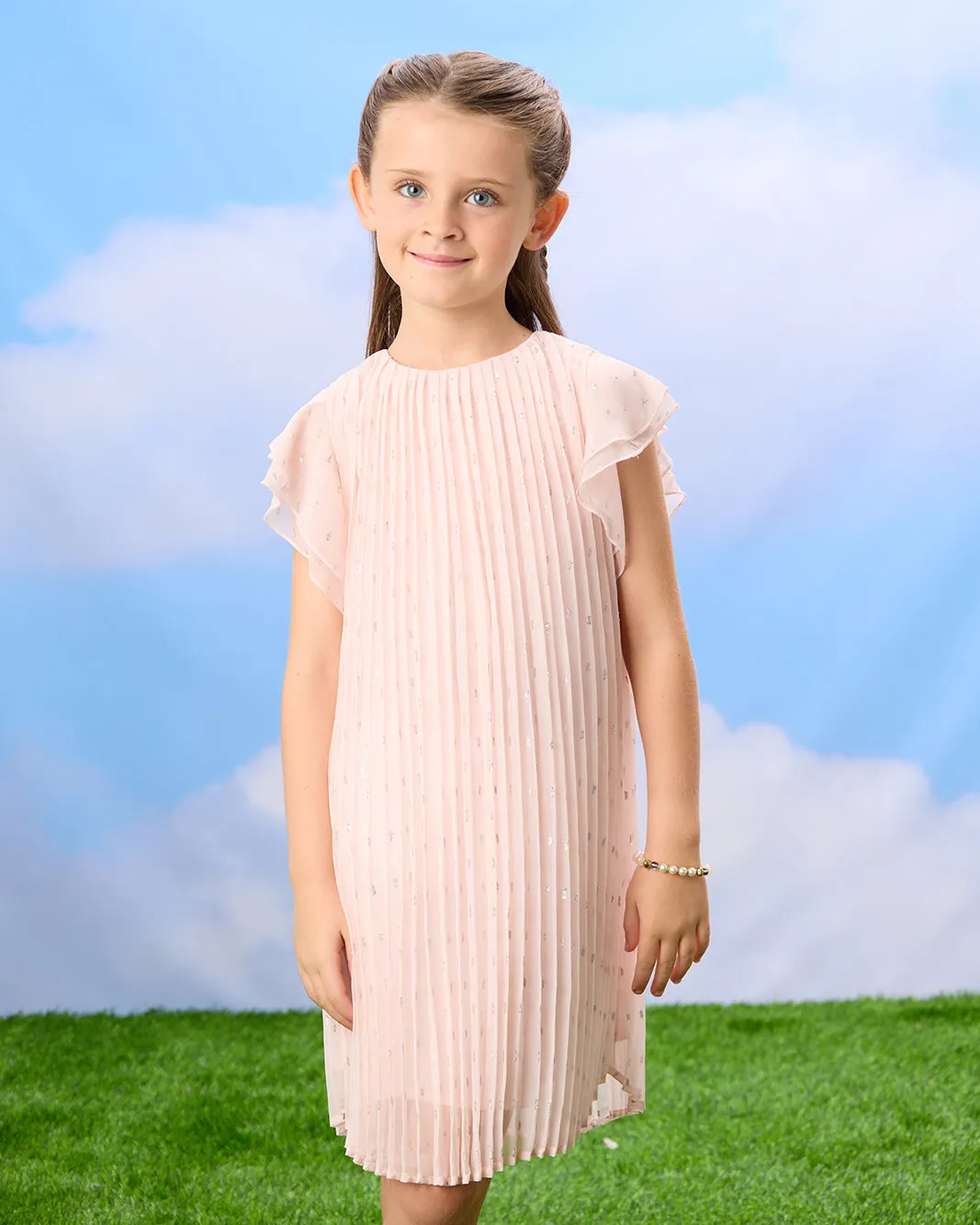 Girls Pink Glitter Plisse Chiffon Dress sold by Redtag product image thumbnail 2