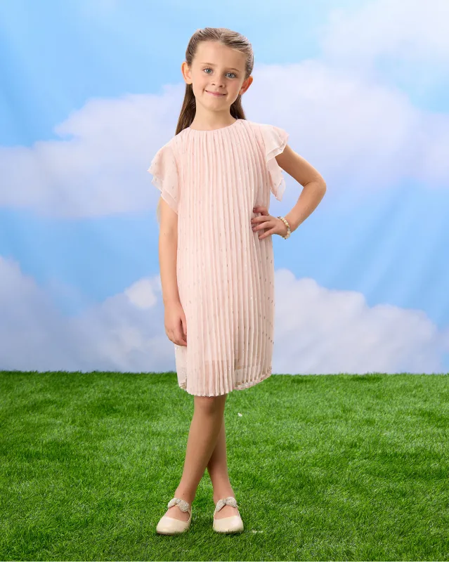 Girls Pink Glitter Plisse Chiffon Dress sold by Redtag
