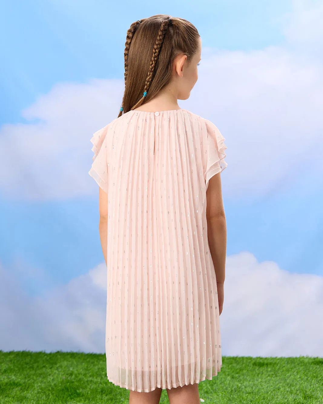 Girls Pink Glitter Plisse Chiffon Dress sold by Redtag product image thumbnail 3