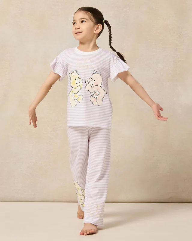 Girls White Striped Printed Pyjama Set (2 Piece) sold by Redtag