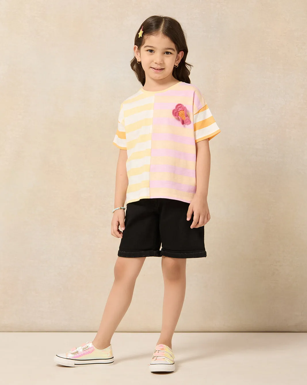 Girls Yellow And Pink Striped With Embellishment T-shirt sold by Redtag product image thumbnail 2