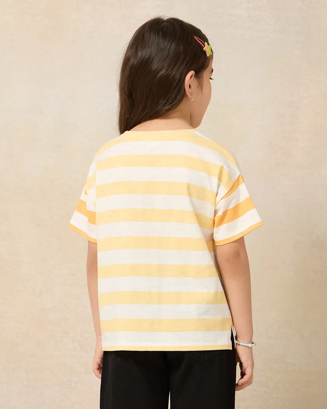 Girls Yellow And Pink Striped With Embellishment T-shirt sold by Redtag product image thumbnail 3
