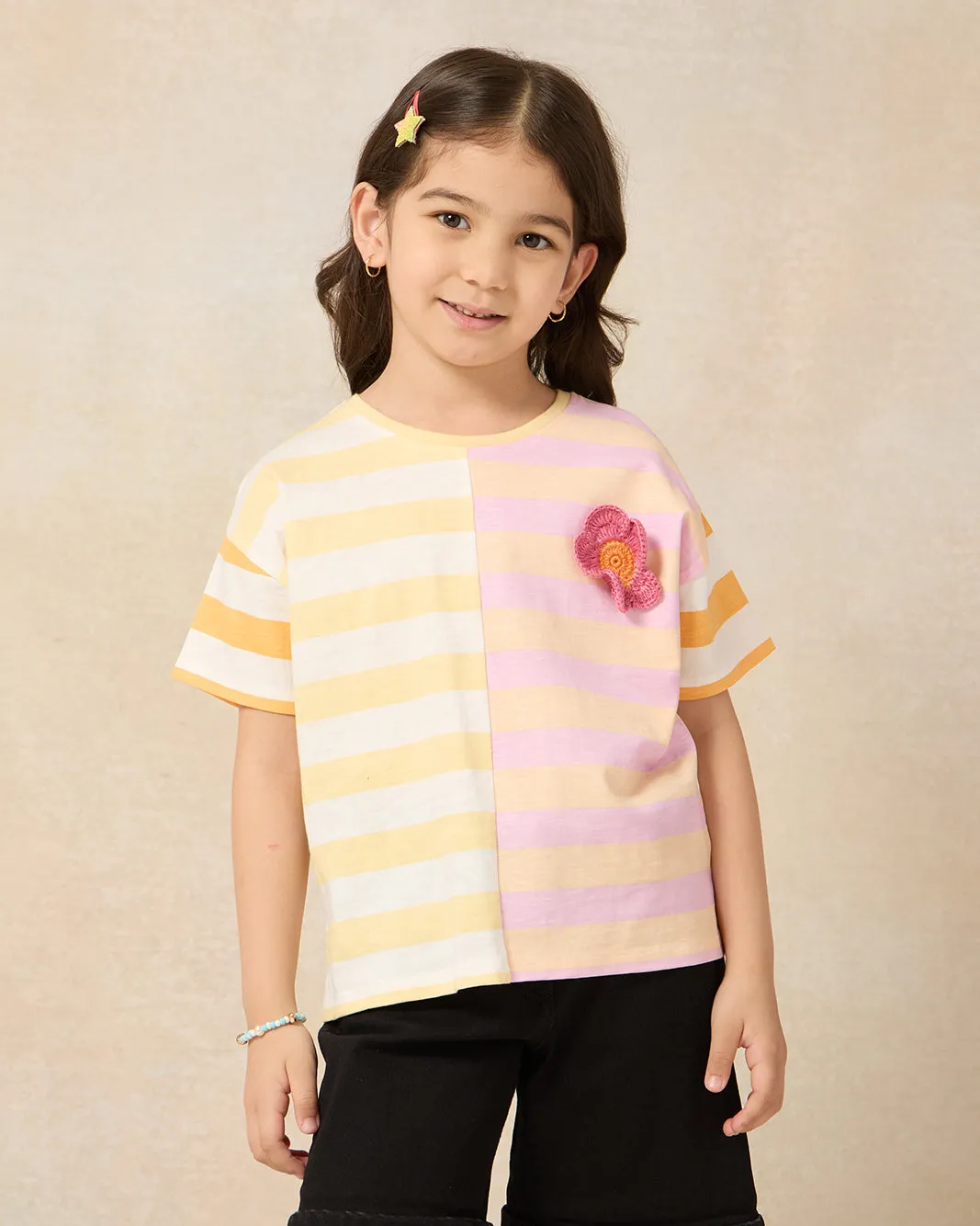 Girls Yellow And Pink Striped With Embellishment T-shirt sold by Redtag