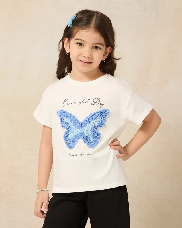 Girls White Butterfly Embellished T-shirt sold by Redtag