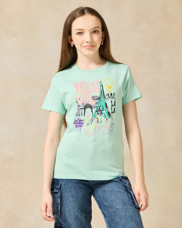 Senior Girls Blue Paris Print T-Shirt sold by Redtag