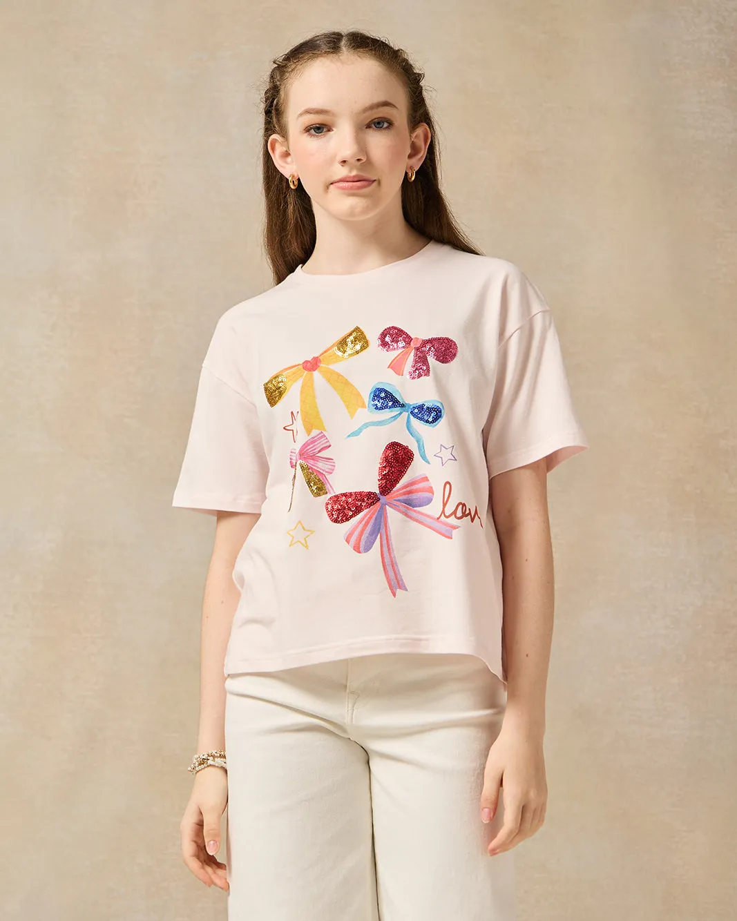 Senior Girls Pink Bow Sequins Top sold by Redtag