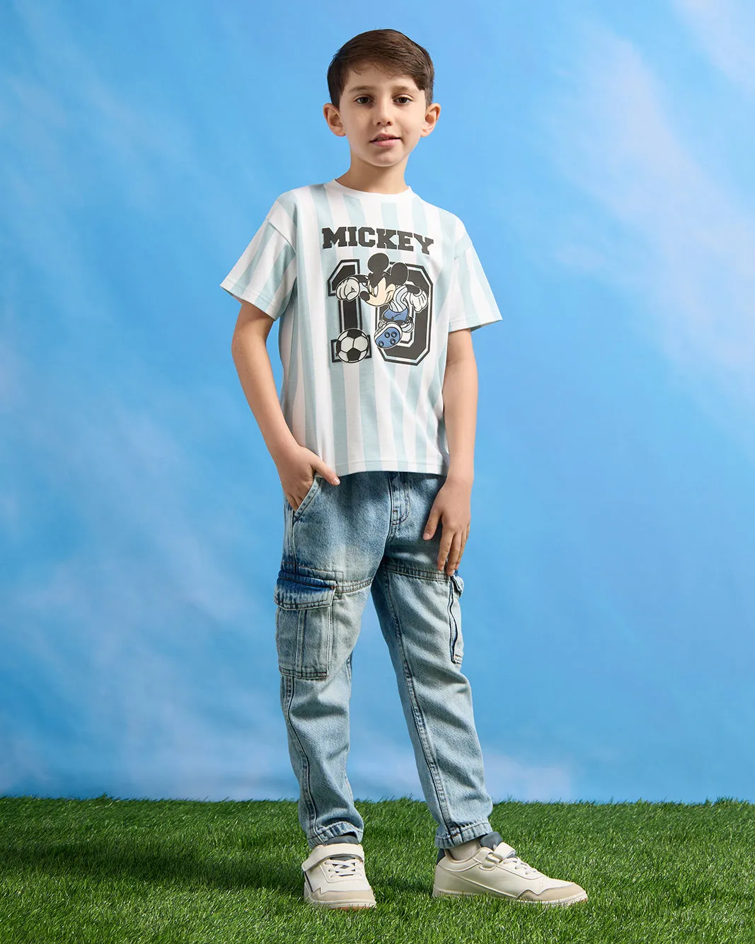 Boys Blue Striped Mickey Printed T-Shirt sold by Redtag