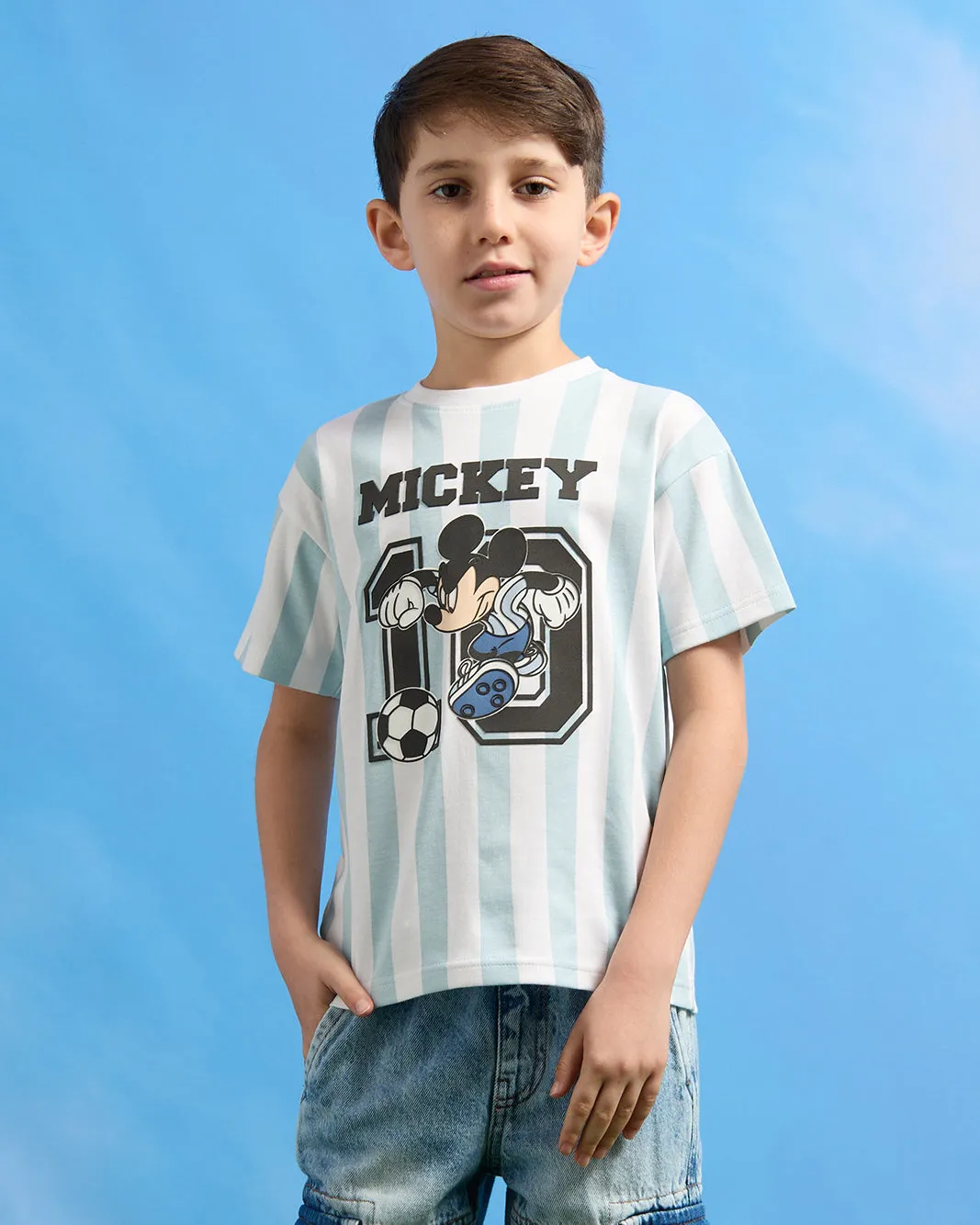 Boys Blue Striped Mickey Printed T-Shirt sold by Redtag product image thumbnail 2