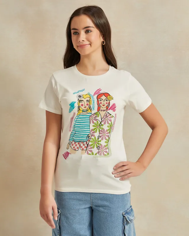 Senior Girls White Printed T-Shirt sold by Redtag