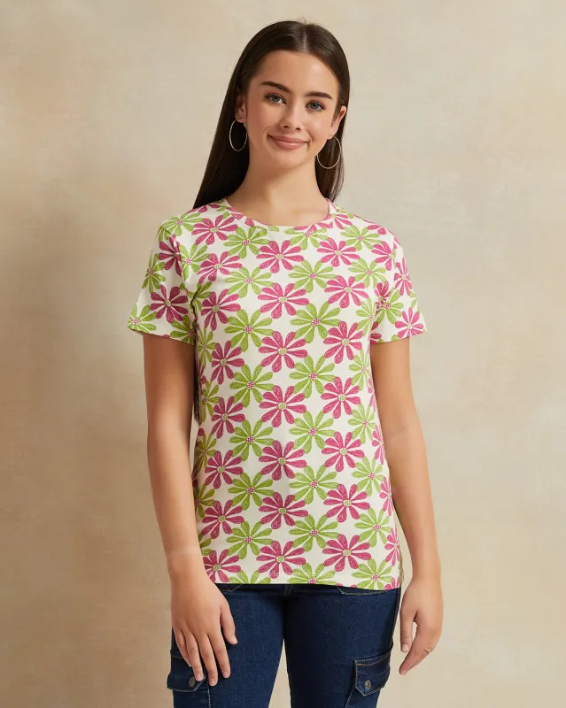 Senior Girls Purple And Green Printed T-Shirt sold by Redtag