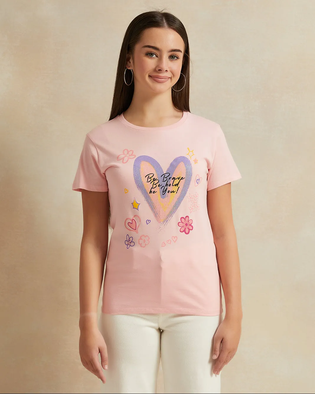 Senior Girls Pink Heart Print T-Shirt sold by Redtag