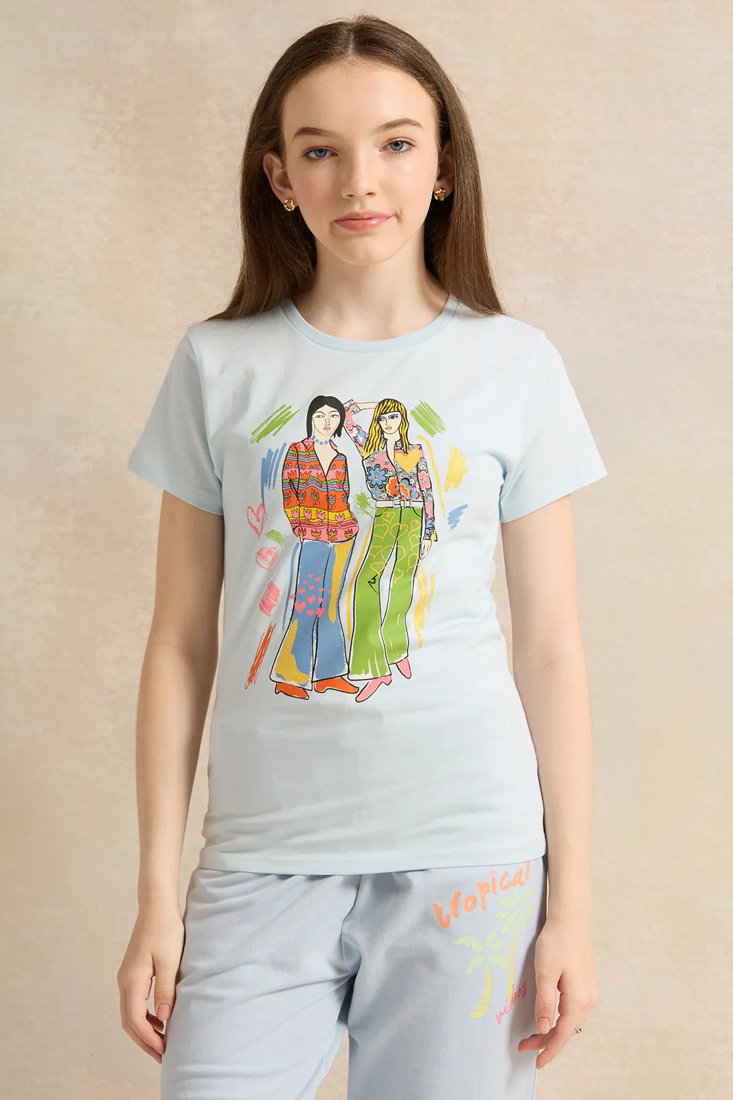 Senior Girls Blue Placement Print T-Shirt sold by Redtag