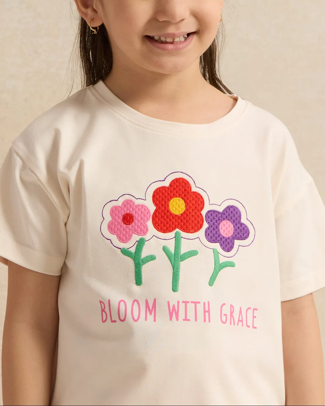 Girls White Front Flower Embellished T-Shirt sold by Redtag product image thumbnail 4
