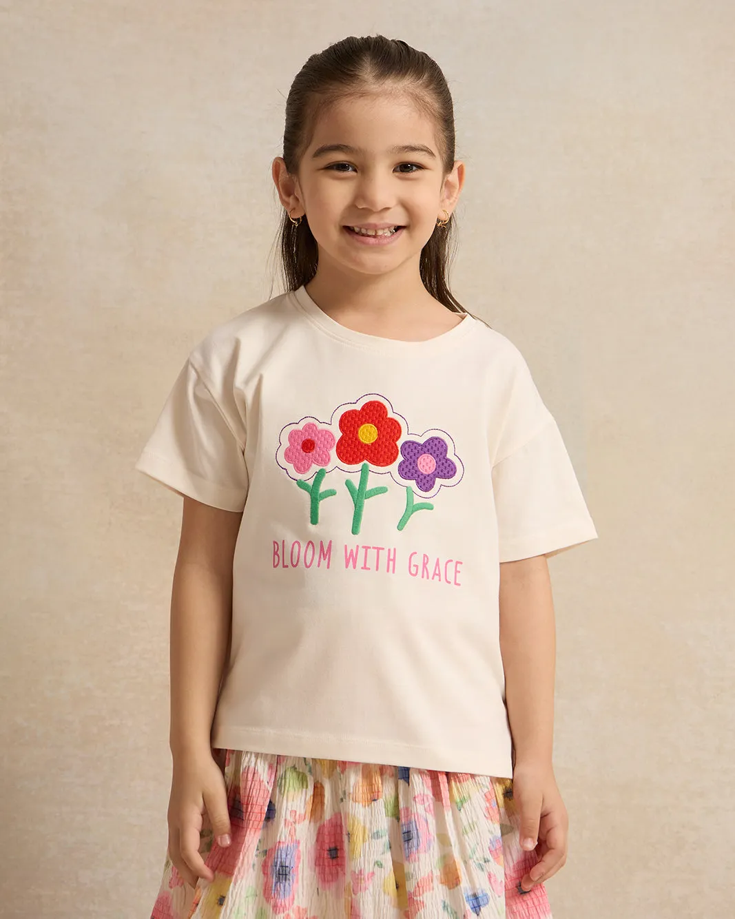 Girls White Front Flower Embellished T-Shirt sold by Redtag