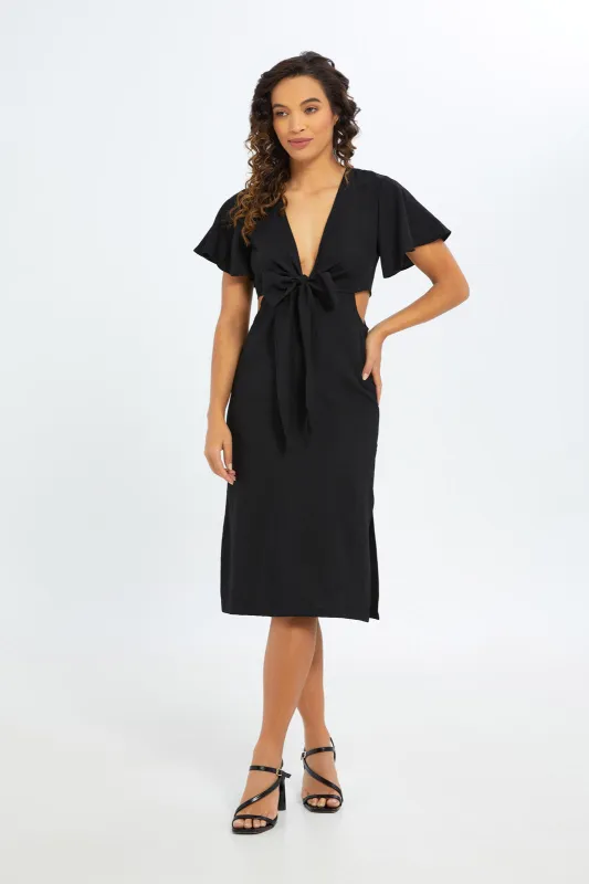 Women Black Tie Front Tea Dress sold by Redtag