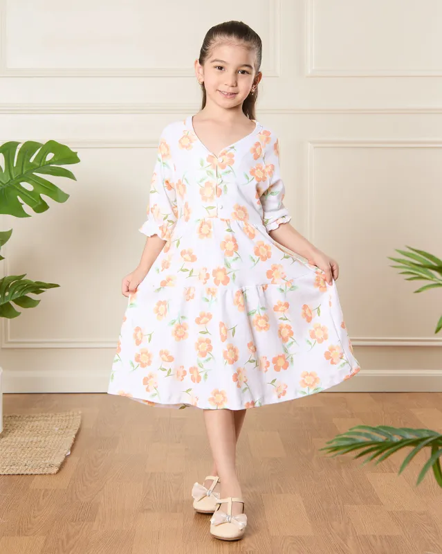 Girls White Floral Print Dress sold by Redtag