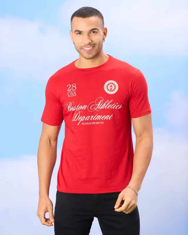 Men Red Boston Print T-Shirt sold by Redtag