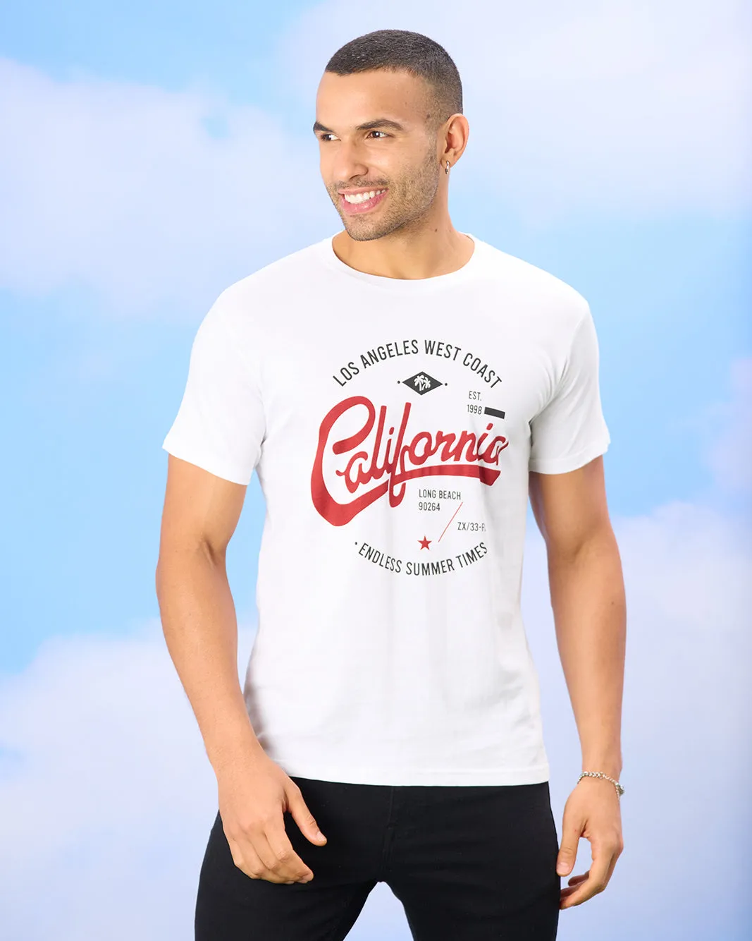 Men White California Print T-Shirt sold by Redtag