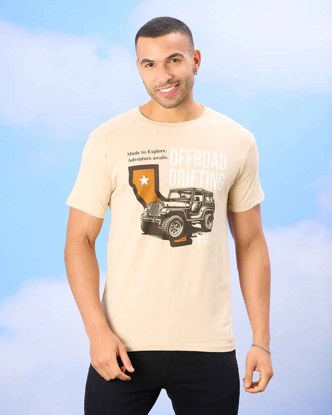 Men Beige Car Print T-Shirt sold by Redtag