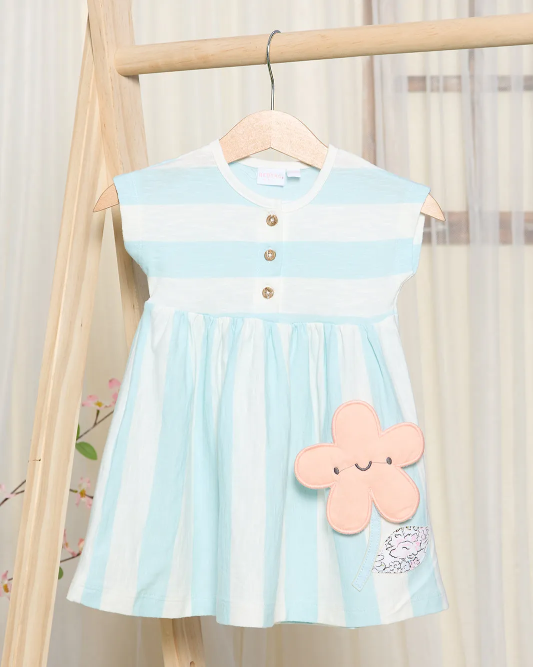 Infant Girls White And Blue Striped Dress With 3D Flower sold by Redtag