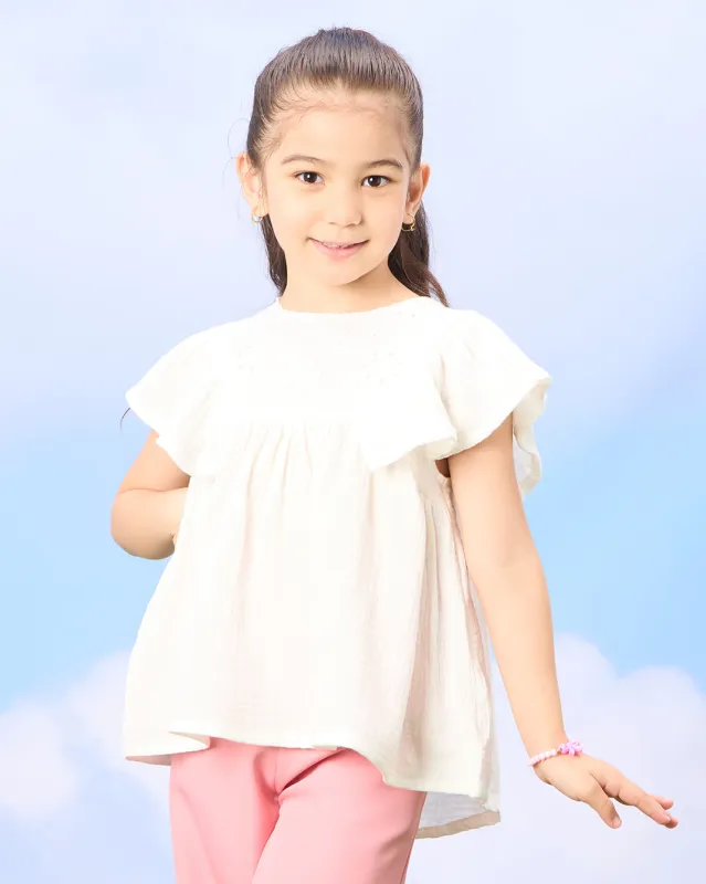 Girls White Schiffli Frill Sleeve Blouse sold by Redtag