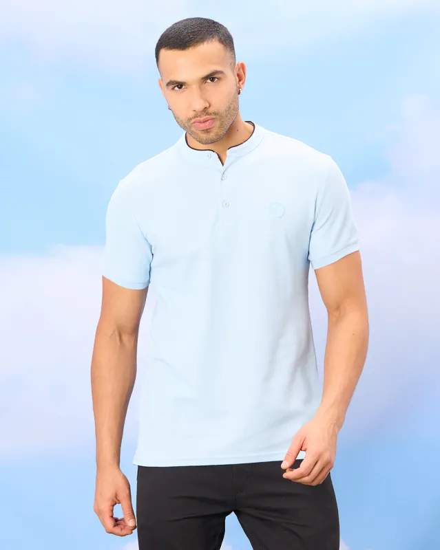 Men Blue Standup Collar Polo Shirt sold by Redtag